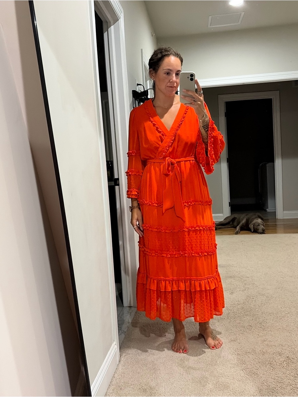 Bright Orange Tiered Wrap Maxi Dress with Belt